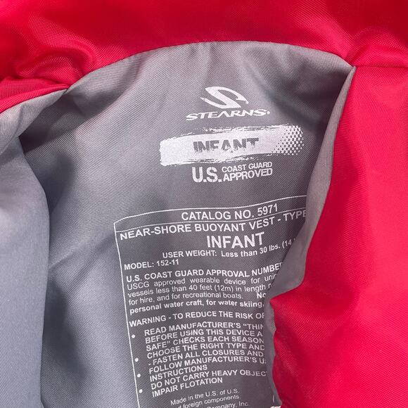 Stearns Classic Infant Life Vest Jacket Red Up To 30lbs Type II USCG - Picture 4 of 5